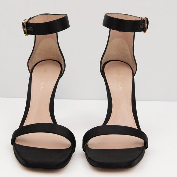 Stuart Weitzman Square Toe Heels Ankle Buckle Sateen Evening Shoes Black 7.5 - Picture 2 of 11